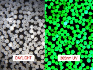 Fluorescent Polyethylene Microspheres - Clear in Daylight, Yellow-Green in UV Light - 10um to 1200um (1.2mm)