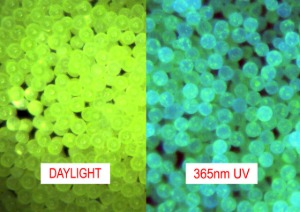 Fluorescent Polyethylene Microspheres - Yellow in Daylight, Blue-Green in UV Light 0.98g/cc - 27um to 300um